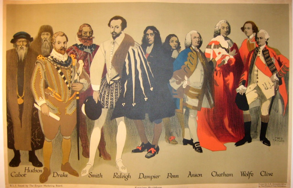 A group of historical men in old costumes with names written under them