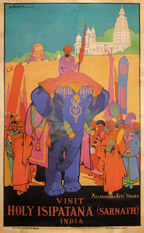 India Holy Isipatana poster with a man on an elephant in a parade with other colorfully dressed people