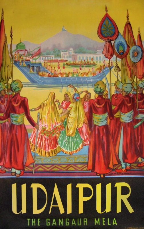 Udaipur; The Gangaur Mela poster with people wearing colorful clothes dancing; yellow background