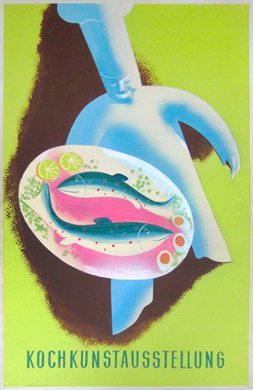 cooking exhibition poster with a chef holding a plate of fish; green background