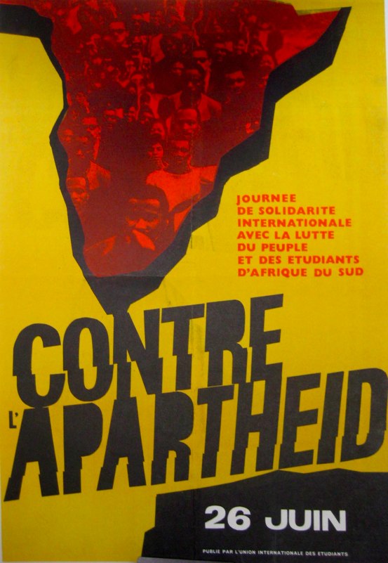 anti apartheid poster with people in a red abstract shape, with yellow background