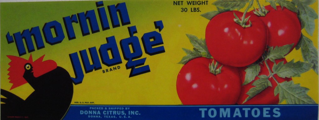 Mornin' Judge crate label with tomatoes and a rooster