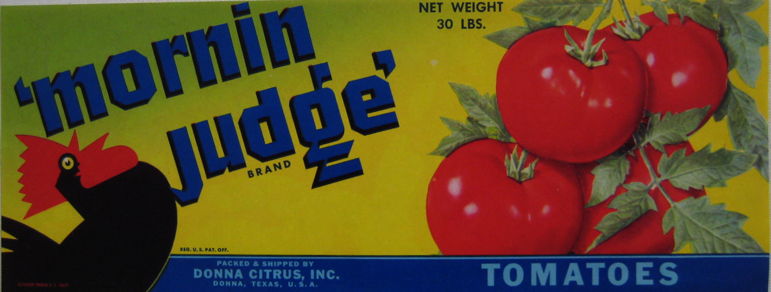 Mornin' Judge crate label with tomatoes and a rooster