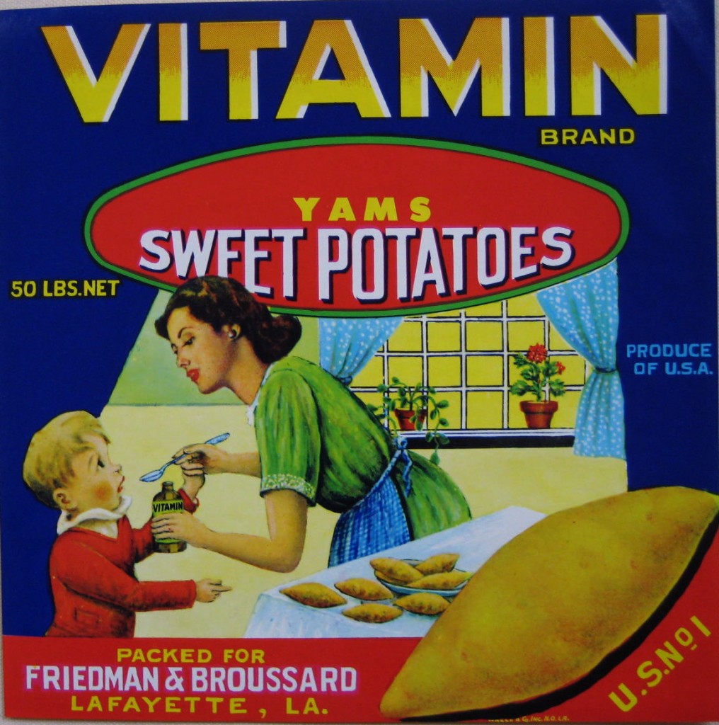 Vitamin Yams Sweet Potatoes label with a woman giving vitamins to a child and a giant yam in the foreground