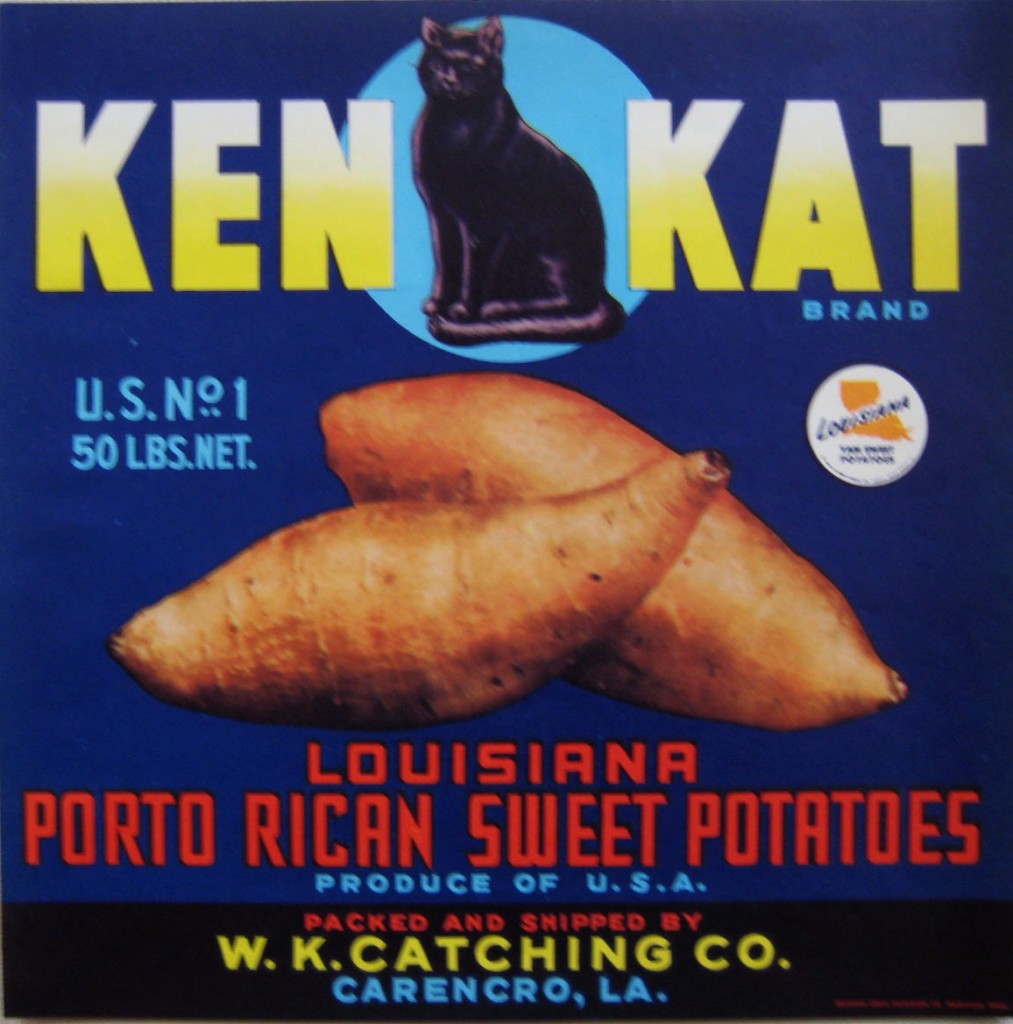 Ken Kat sweet potatoes label with two sweet potatoes and a cat logo