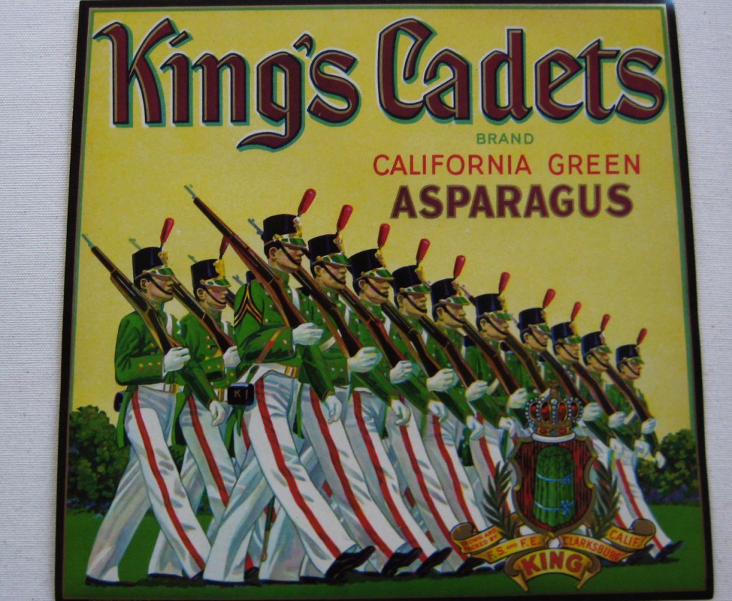 Asparagus label with soldiers marching