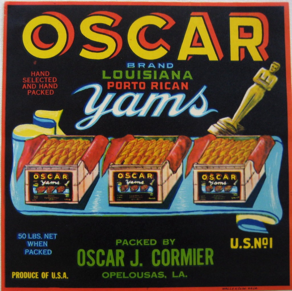 Yams label with crates of yams and the Oscar statuette