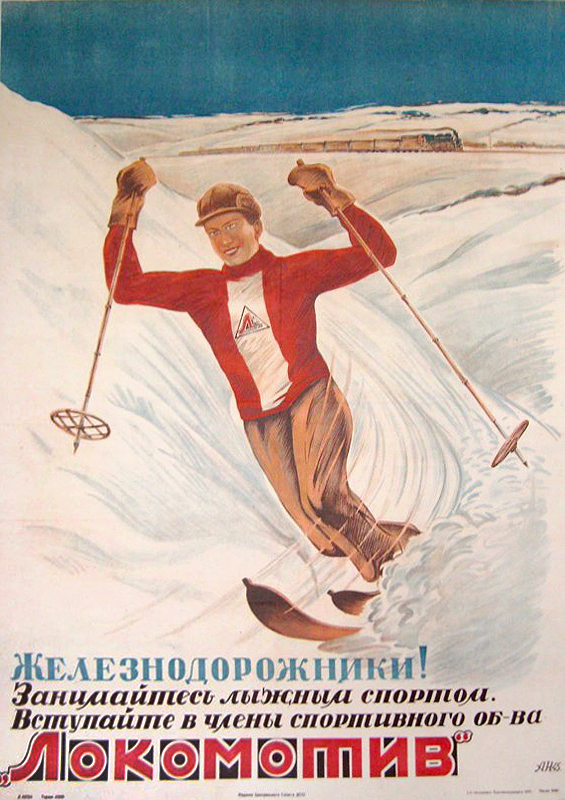 Russian Skier on skis heading down a snowy slope