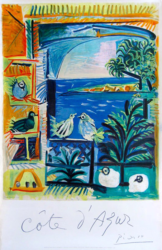 A Cote d'azur Travel poster with an abstract painting of a sea scape through a window.