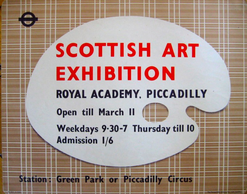 Scottisch Art Exhibit poster with a painters pallet on a brown plaid background.