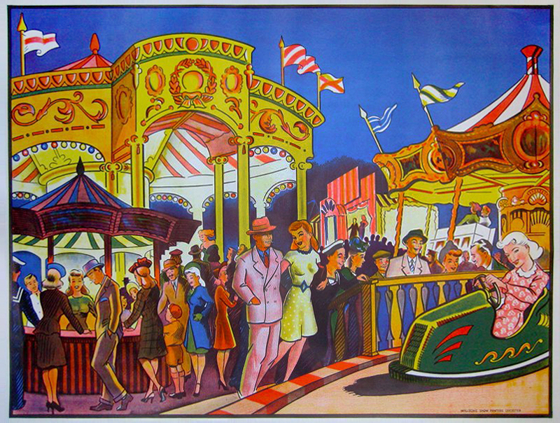 fun fair carnival scene with people on rides and a couple