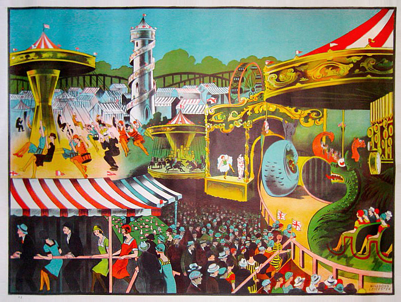 A fun fair carnival scene with people on rides