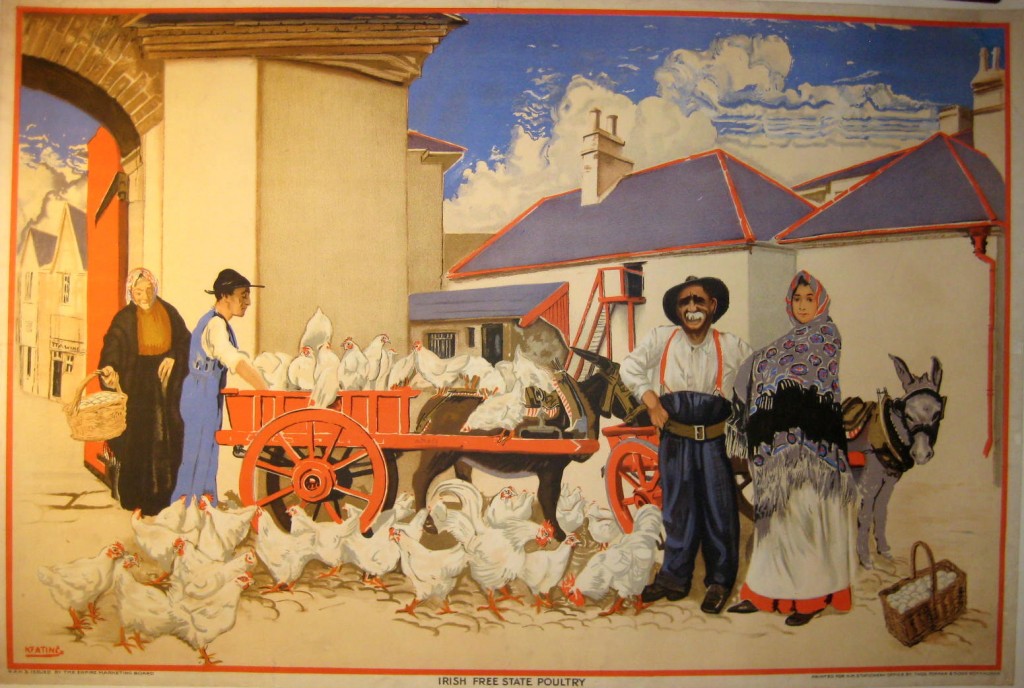 Farmers with chickens on a red wagon