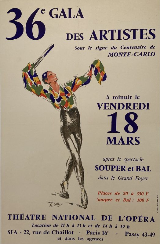 Gala des Artistes poster; Pierrot in costume dancing against white background