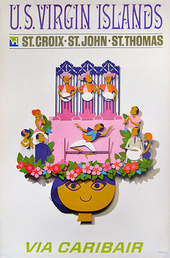 Carib Air poster with cutout of a woman's face/head wearing a hat made of people who are watching a dancing man and musicians