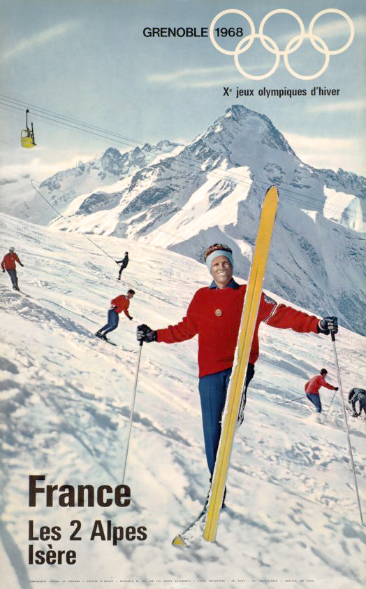 grenoble ski poster with a skier on snowy mountain showing the bottom of one of his yellow skis