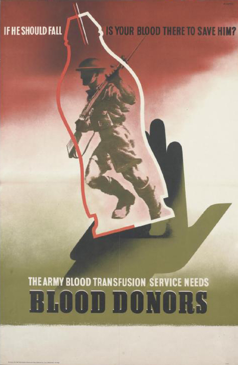 Army/ blood donors poster with an abstract hand holding a soldier inside a bottle