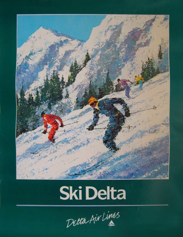 a pointillist painting of skiers on a slope