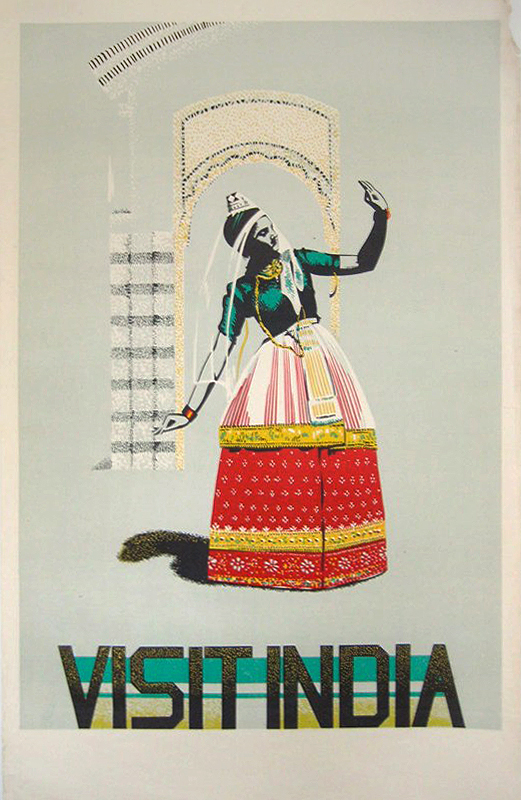 Visit India poster with dancer in red, pink and green dress