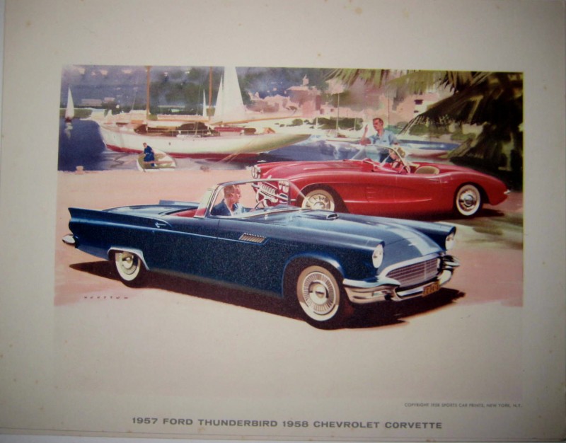 1958 Sports Car Print; Thunderbird and Chevrolet Corvette parked in front of a yacht in harbour