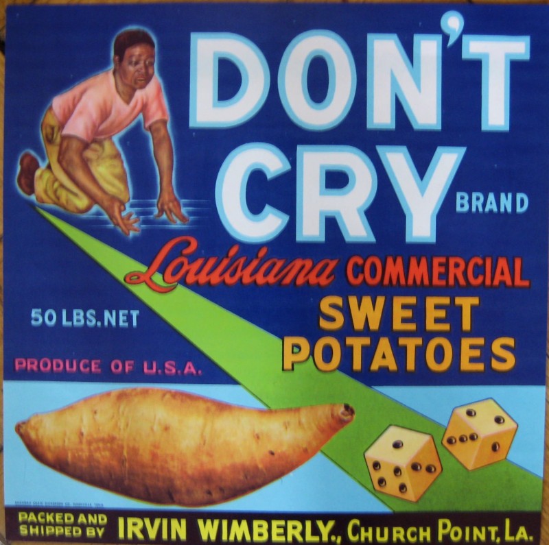 Don't Cry Sweet potato label with a boy throwing dice and a large sweet potatoe in the foreground