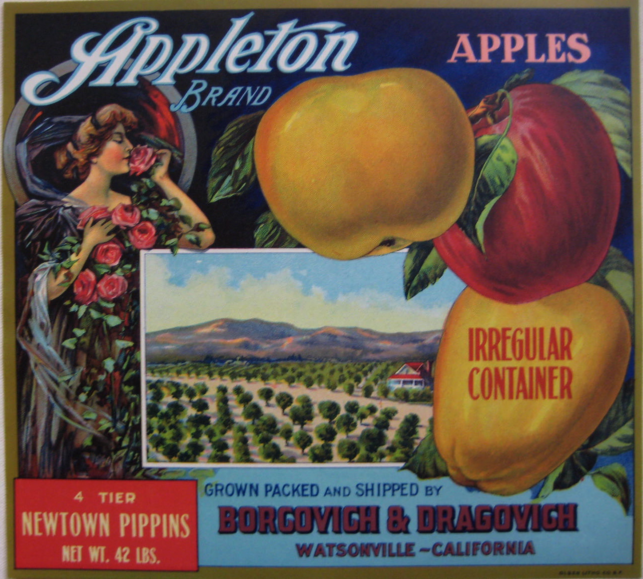 Appleton Apples crate label with apples, a tree farm, and a woman smelling roses