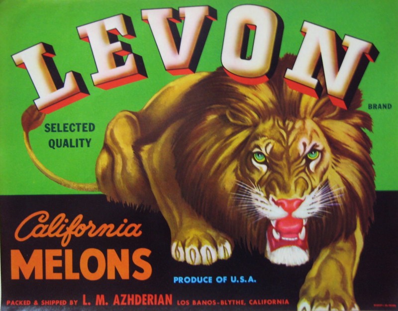 Levon California Melons label with a roaring lion