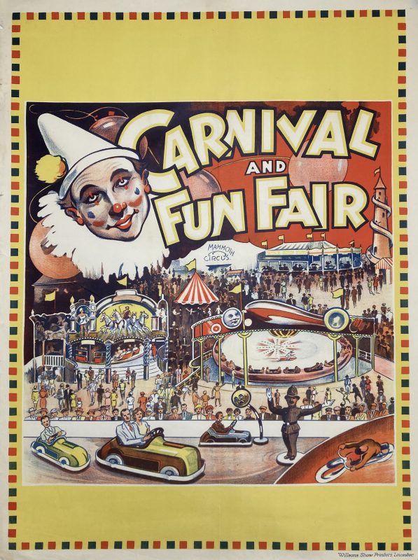 Carnival and Fun Fair poster; White clowns face looking of dodgem car ride, yellow border