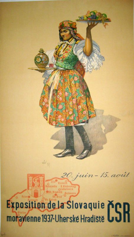 Exhibition in Slovakia Czech State Railways poster with a girl in traditional clothing/ national costume of Moravian Slovakia carrying a plate of fruit and a jug