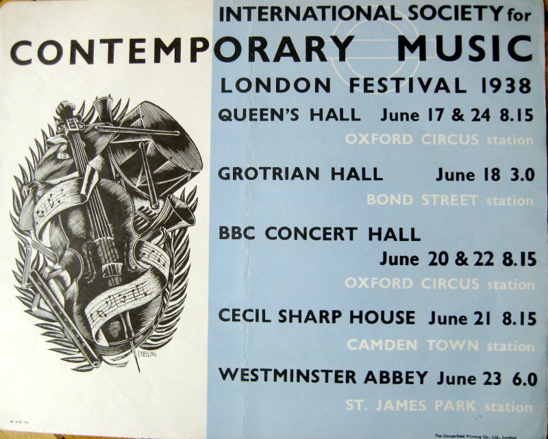 Contemporary Music London Transport panel poster by C. Keeling with a cello and drum