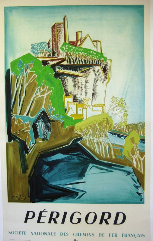 Périgord French railways poster with an abstract cliff and building and body of water