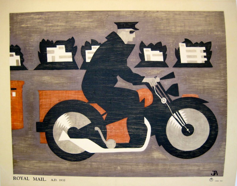 GPO Royal Mail poster by John Armstrong with abstract motorcycle rider