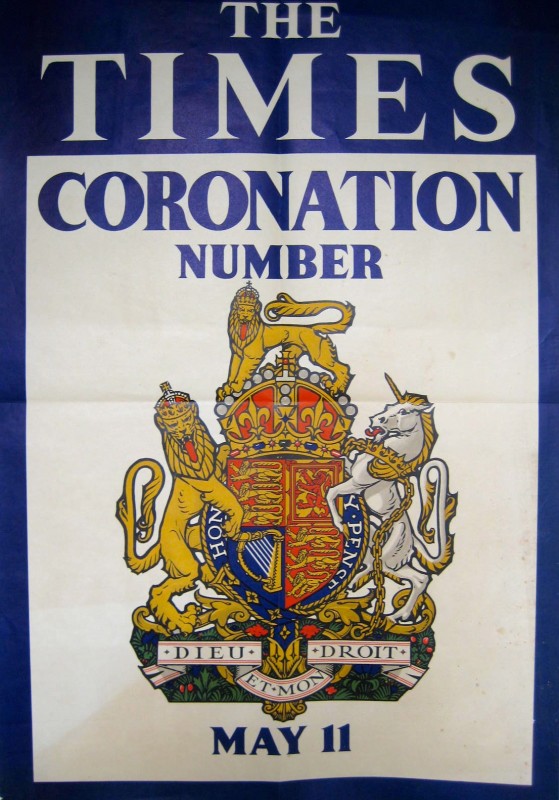 The Times Coronation Number poster with a royal crest with lions and unicorn