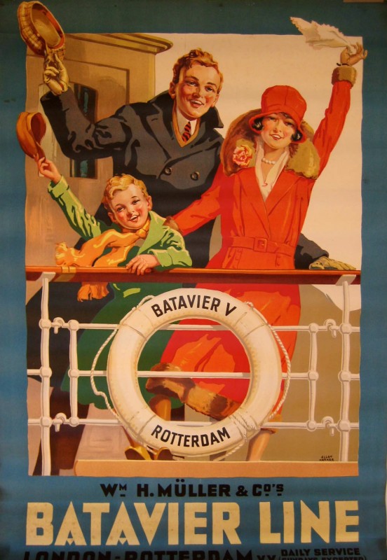 A man, woman, and child waving from a cruise ship with a life preserver on the rail