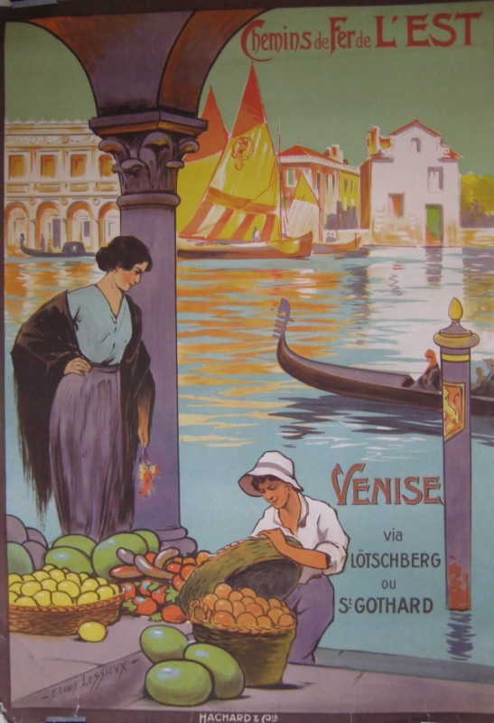 Women inspecting fruit at a stall by a Venetian canal