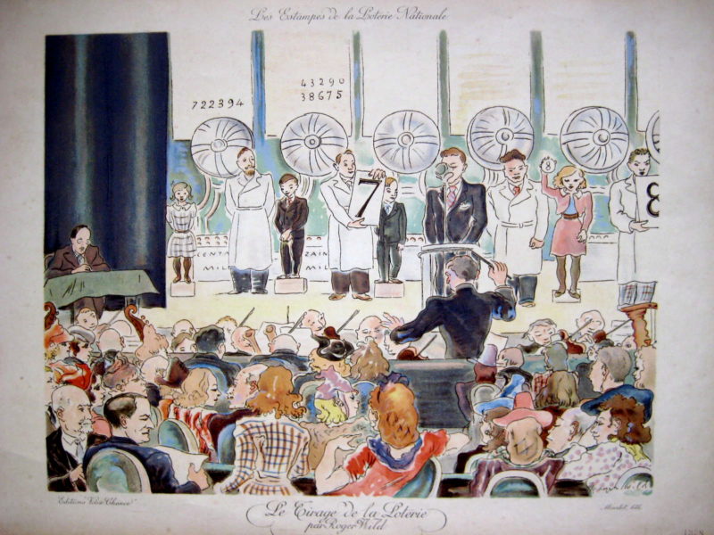 Loterie Nationale poster with singers, an orchestra, and an audience