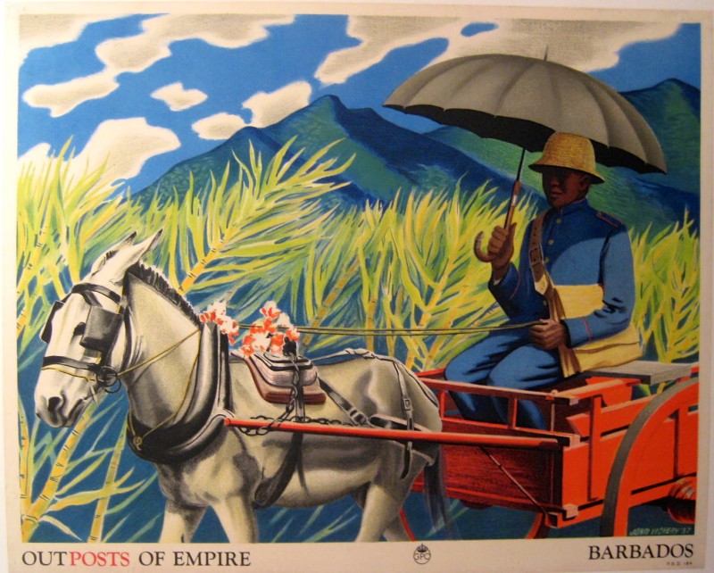 A postal officer/ man on a horse drawn cart with an umbrella