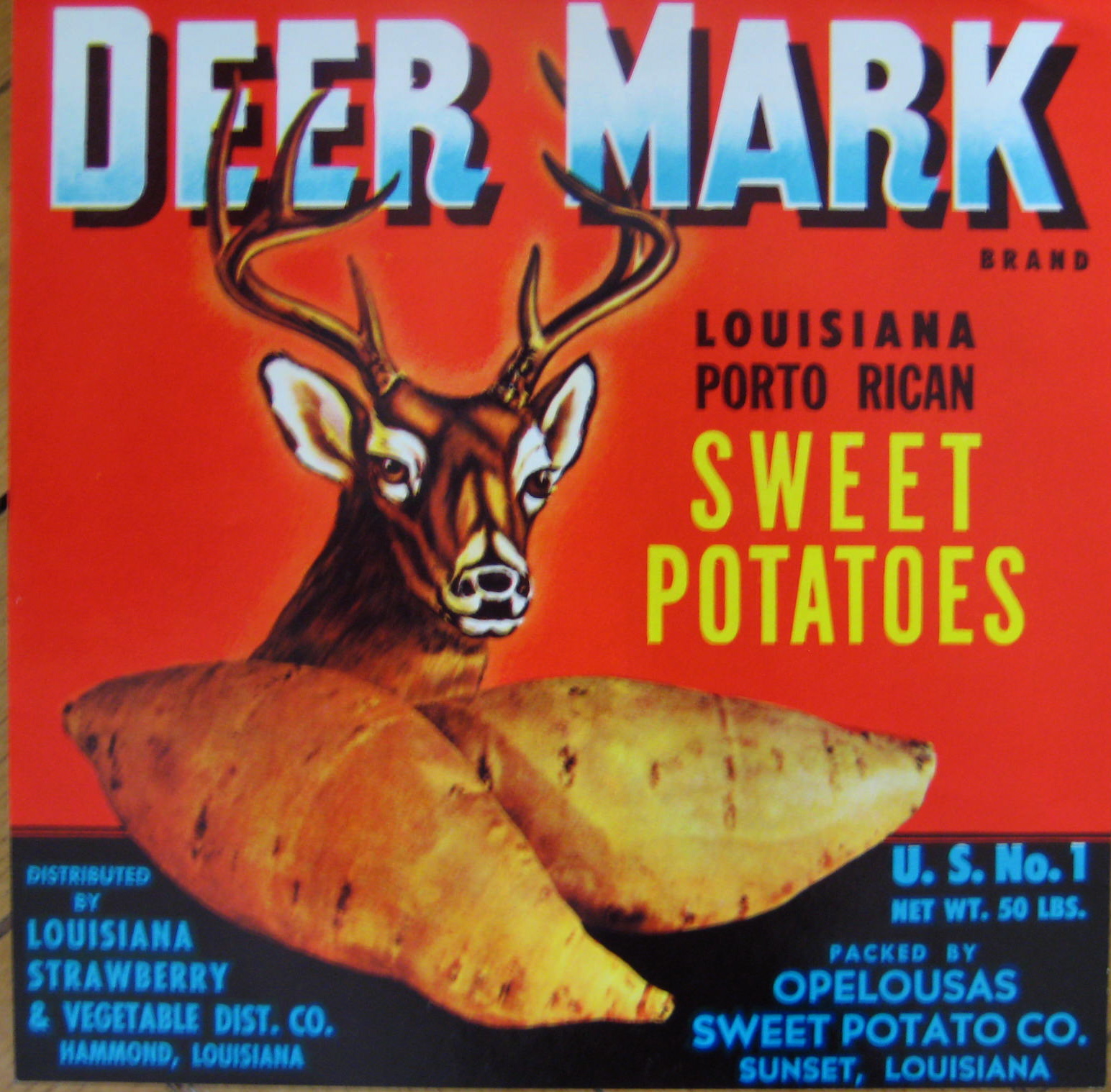 Potato label with a deer head and two sweet potatoes with red background