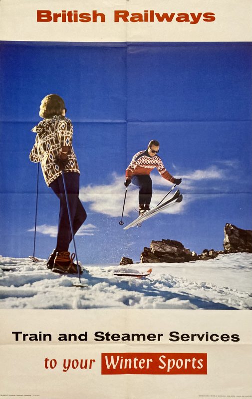 British Railways Winter Sports poster; Woman on the ski slopes watching a man on skis.