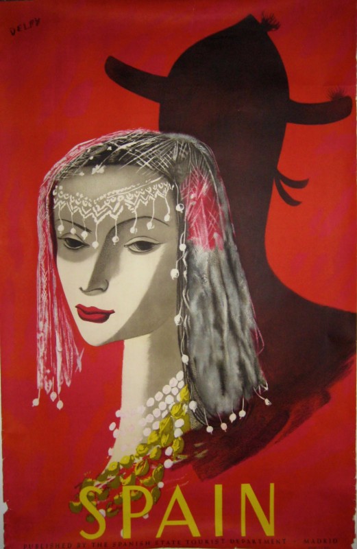 A woman's face with a shadow behind her; red background