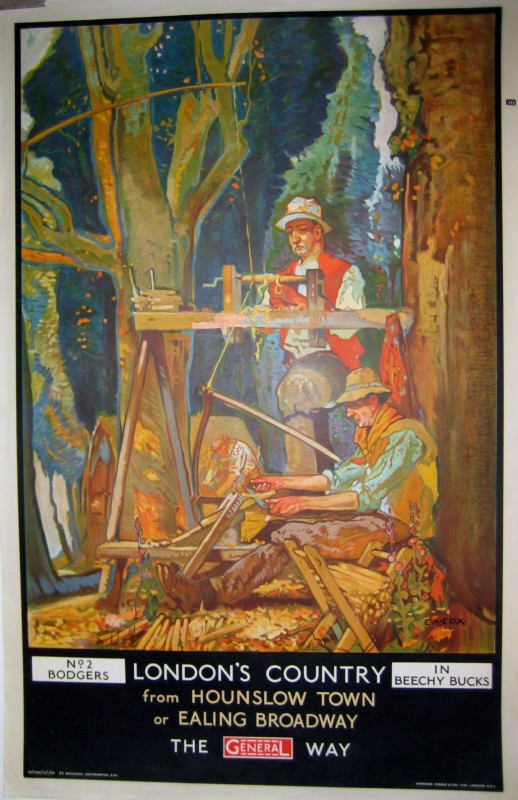 Color lithograph of Men or Bodgers working at carpentry making chairs in the forrest