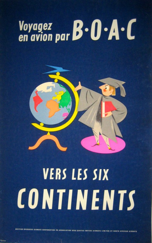 BOAC poster of man in cap and gown gesturing to a globe