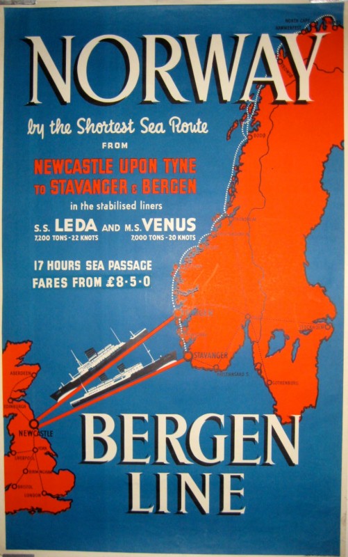 a pictorial route map with ships leaving britain toward norway