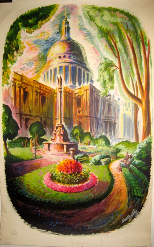 A garden scene with flowers, a fountain, and St. Paul's cathedral in the distance