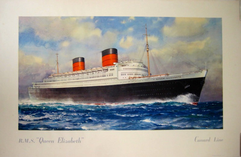 RMS Queen Elizabeth Cunard Line poster with an ocean liner on the sea