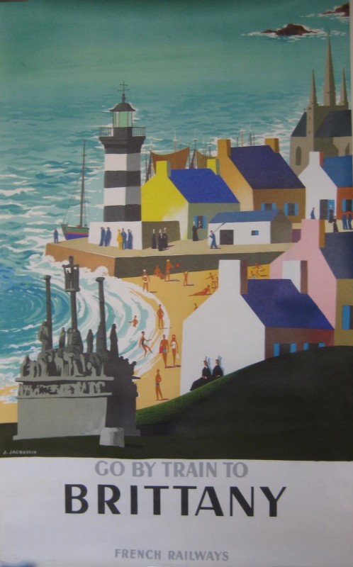 A travel poster; A cubist coastal aerial view with colorful buildings and people at a beach in the distance