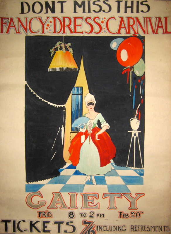 A masked woman in rococo era fancy dress costume standing on a checkered floor with balloons to the right of her