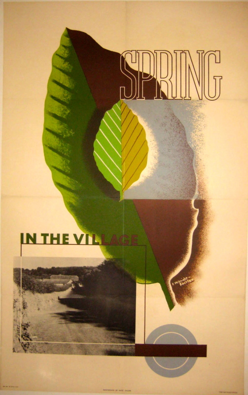 Poster with a drawing of a small leaf inside a big leaf with a photo of a village in the corner