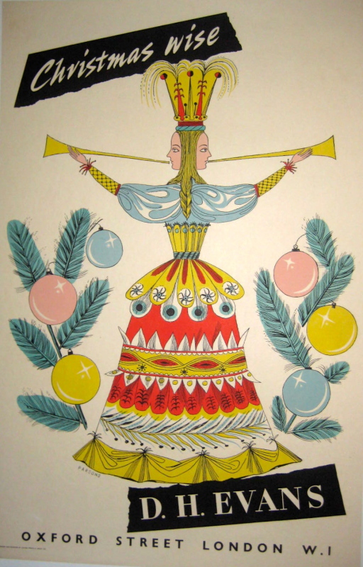 A janus/ two headed woman blowing a trumpet with a colorful dress on