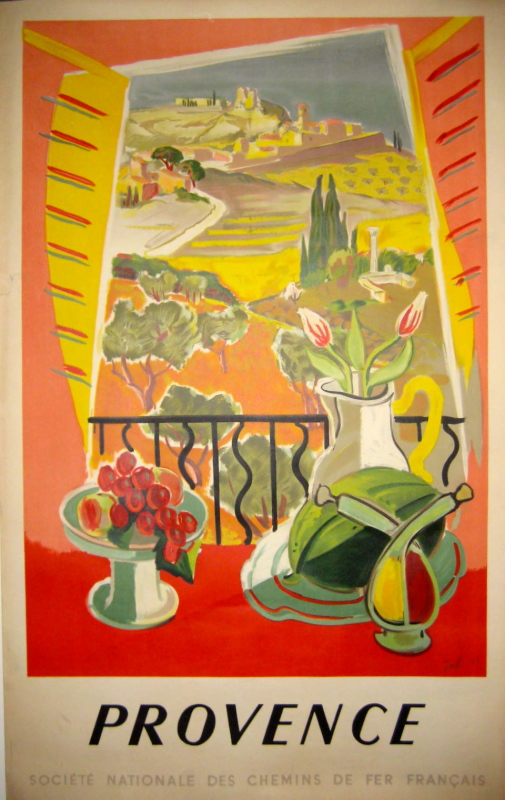 An abstract rendering of an open window looking onto a pastoral view with fruit, flowers, and an oil & vinegar jar in the foreground